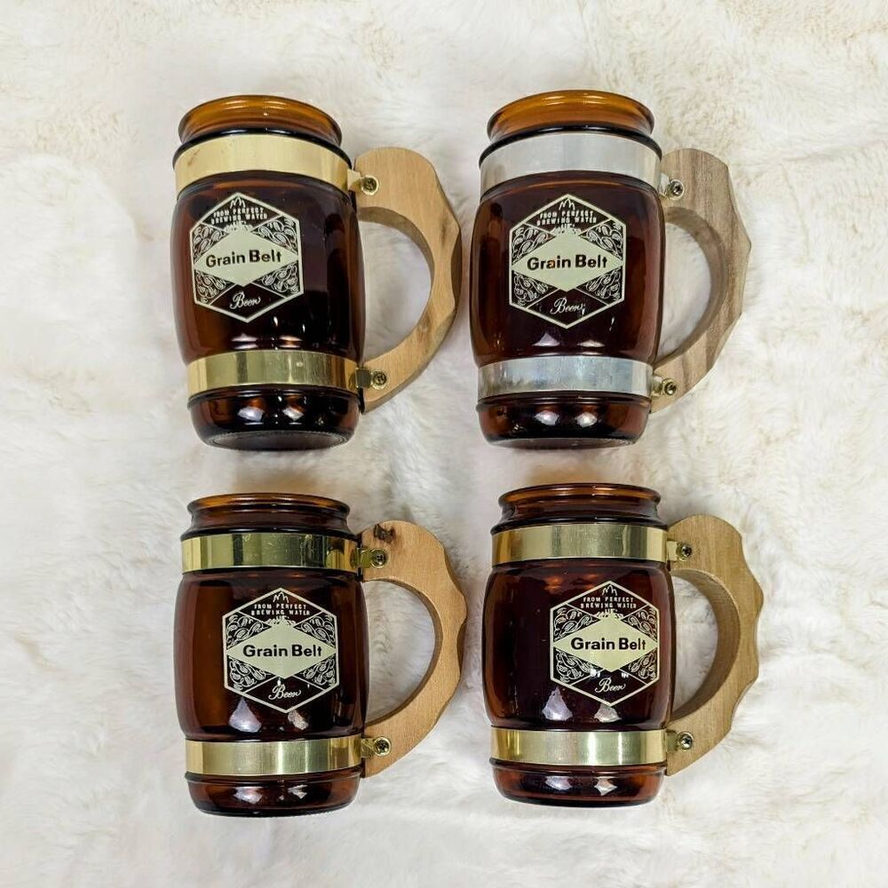 4 Vintage 1960's Grain Belt Beer Brown Glass Wooden Handle Siesta Ware Mugs USA
